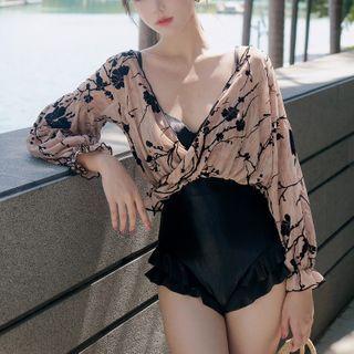 Set: Spaghetti Strap Swimsuit + Floral Print Cover-up