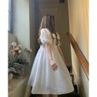 Puff-sleeve Plain Drawstring Dress White - One Size