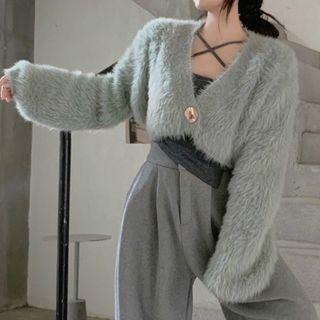 Faux Fur Buttoned Cropped Jacket Green - One Size