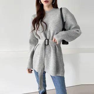 Drop-shoulder Rib-knit Top With Belt