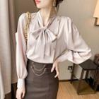 Tie-neck Blouse / Button-up Ruffle Hem Pencil Skirt