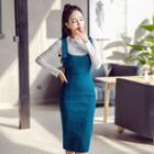 Set: Long-sleeve Frill-trim Top + Slit-back Denim Jumper Dress