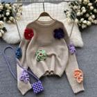Round-neck Color Block Flower-accent Knit Top