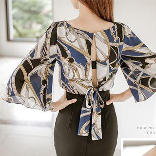 Batwing Elbow-sleeve Printed Blouse / Plain Pencil Midi Skirt