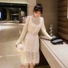 Long-sleeve Lace-panel Midi A-line Knit Dress