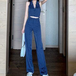 Striped Sleeveless Top / Straight Fit Pants