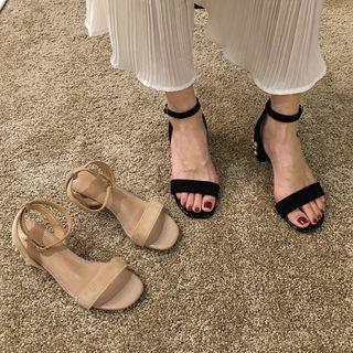Faux Suede Faux Pearl Block Heel Sandals