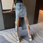 High-waist Asymmetric Side-slit Denim Skirt