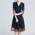 Flower Embroidered 3/4-sleeve A-line Dress