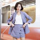 Double-breasted Plaid Blazer / Plaid Skort / V-neck Camisole Top / Set