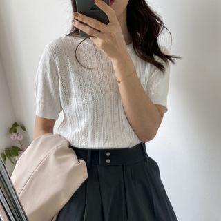 Plain Short-sleeve Pointelle Knit Top