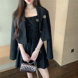 Embroidered Single-breasted Blazer / Lace Up Sleeveless Mini A-line Dress