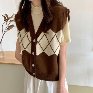Argyle Plaid Open Front Vest