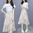 Short-sleeve Floral Embroidered T-shirt / Floral Print Midi A-line Skirt