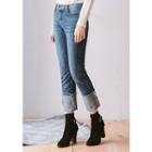 Cuffed Washed Straight-cut Jeans Blue - M