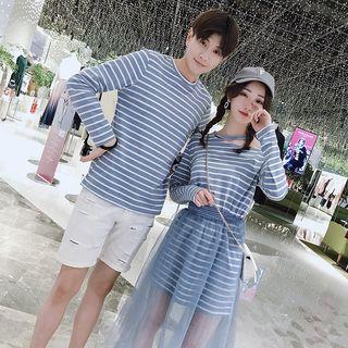 Couple Matching Long-sleeve Striped T-shirt / Mock Two-piece Dress