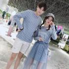 Couple Matching Long-sleeve Striped T-shirt / Mock Two-piece Dress