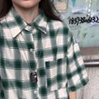 Elbow-sleeve Plaid Shirt Gingham - Vintage Green - One Size