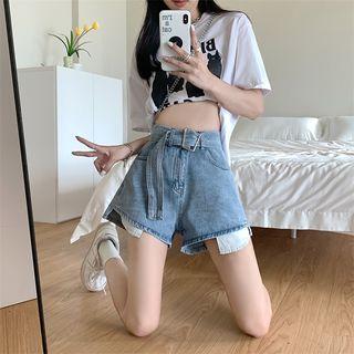 Set: High Waist Wide Leg Denim Shorts + Belt