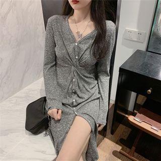 Long-sleeve Twist-front Knit A-line Midi Dress As Shown In Figure - One Size