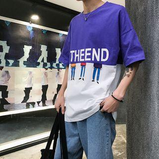 Color Block Cartoon Print Elbow-sleeve T-shirt