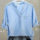 Rolled-sleeve Mandarin Collar Plain Shirt