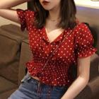 Dotted Short Sleeve Cropped Blouse Red - One Size