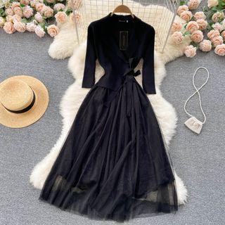 Mock Two-piece Lapel Knit Long-sleeve Panel Mesh Dress