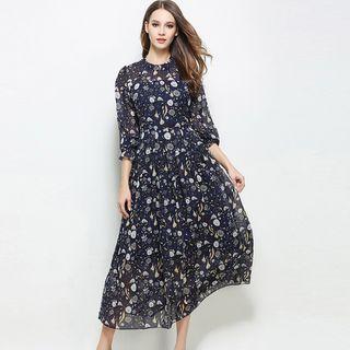 Print Puff-sleeve Chiffon Dress