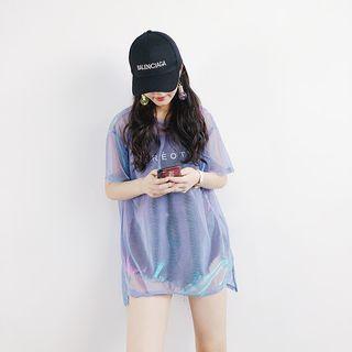 Set: Short-sleeve Sheer T-shirt + Spaghetti Strap Top