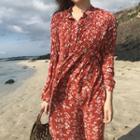 Floral Long-sleeve Midi A-line Dress Red - One Size