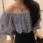Puff-sleeve Square-neck Plaid Top As Shown In Figure - One Size