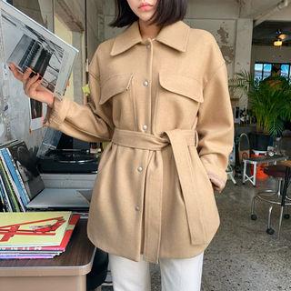 Snap-button Wool Blend Jacket With Sash