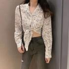 Long-sleeve Printed Cropped Shirt White - One Size