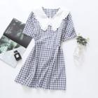 Elbow-sleeve Collared Gingham Mini A-line Dress