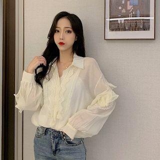 Plain Lace Panel Long-sleeve Blouse Shirt - Light Yellow - One Size