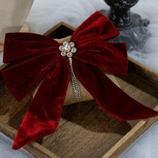 Wedding Bow Velvet Rhinestone Hair Clip Wine Red - One Size