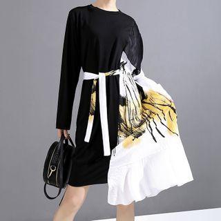 Printed Long-sleeve Asymmetric A-line Dress Black - One Size