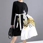 Printed Long-sleeve Asymmetric A-line Dress Black - One Size