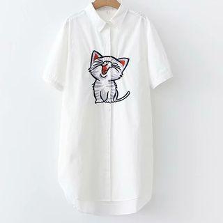 Short-sleeve Cat Embroidered Shirt White - One Size