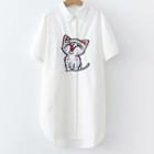 Short-sleeve Cat Embroidered Shirt White - One Size