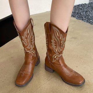 Embroidered Block-heel Mid-calf Boots