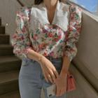 Puff-sleeve Collared Floral Print Blouse