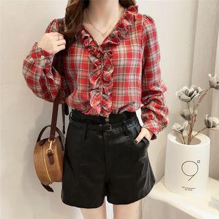 Plaid Frill Trim V-neck Blouse