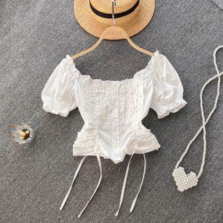 Plain Off-shoulder Drawstring Puff-sleeve Top