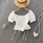 Plain Off-shoulder Drawstring Puff-sleeve Top