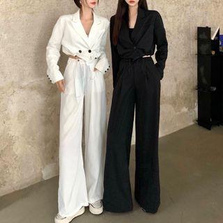 V-neck Plain Cropped Blazer / Wide-leg Pants