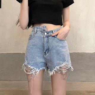Distressed Chained Washed Denim Hot Pants