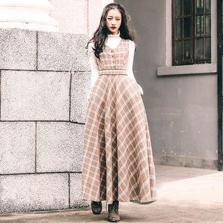 Set: Frill-trim Long-sleeve Knit Top + Plaid Maxi A-line Pinafore Dress