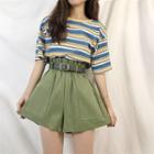 Striped Short-sleeve T-shirt / Paperbag Waist Shorts